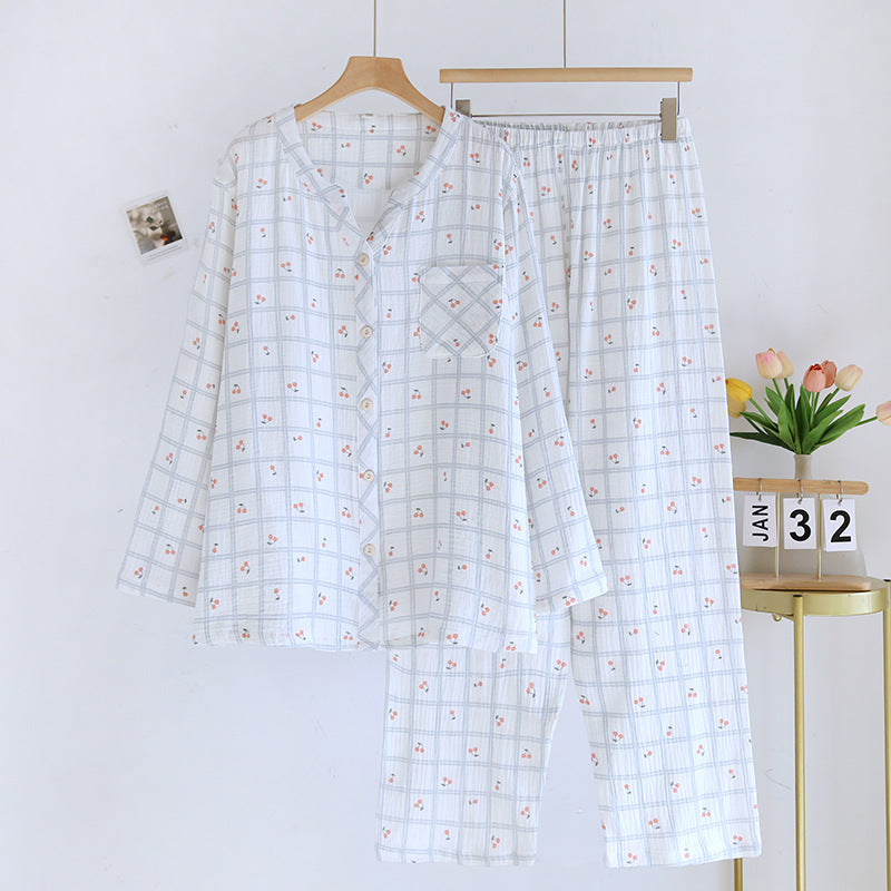 Cotton V-Neck Cherry AOP Plaid Co-ord Pyjama Set