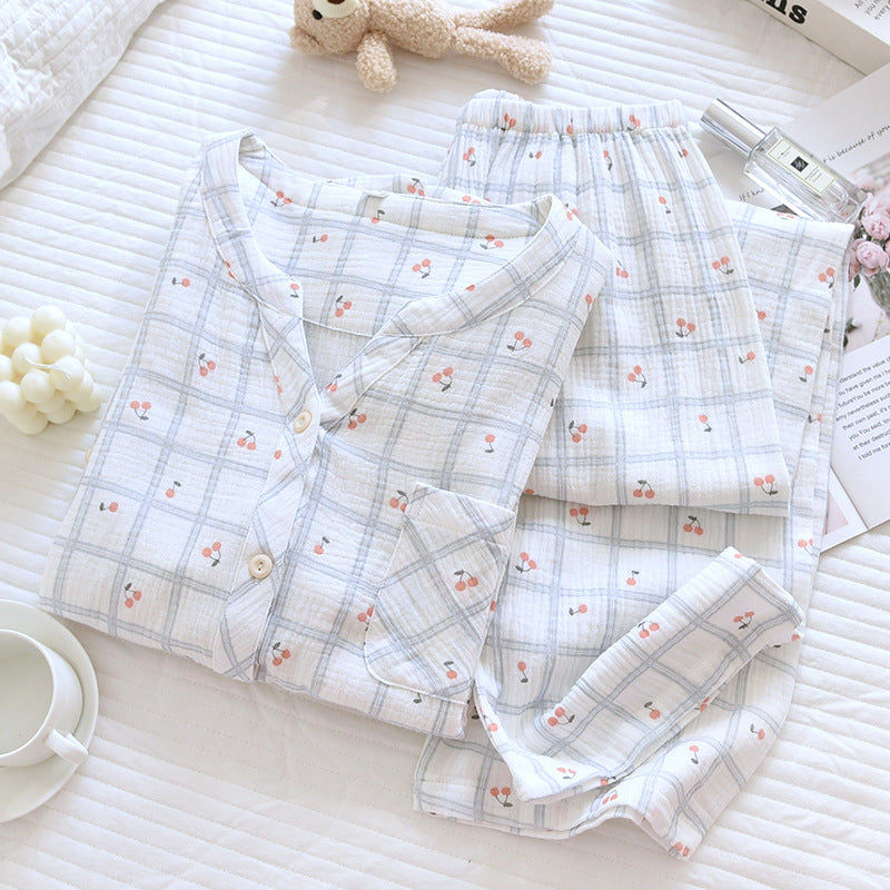 Cotton V-Neck Cherry AOP Plaid Co-ord Pyjama Set