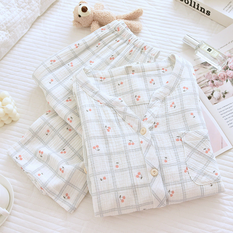 Cotton V-Neck Cherry AOP Plaid Co-ord Pyjama Set