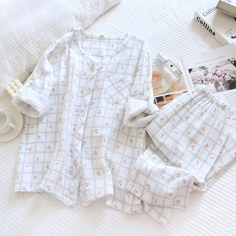 Cotton V-Neck Cherry AOP Plaid Co-ord Pyjama Set