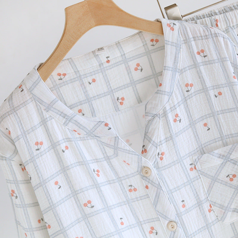 Cotton V-Neck Cherry AOP Plaid Co-ord Pyjama Set