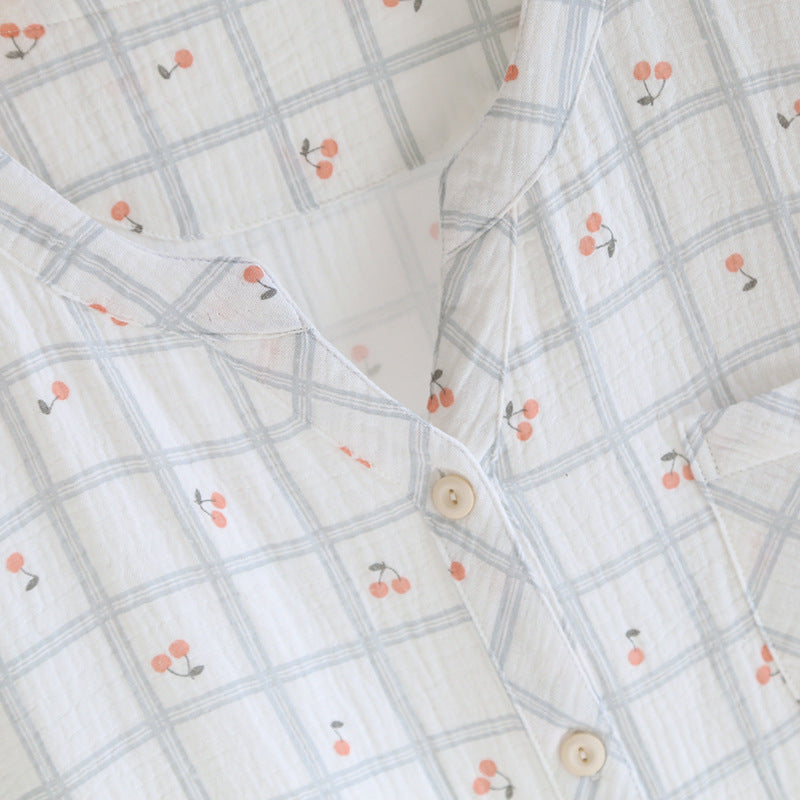 Cotton V-Neck Cherry AOP Plaid Co-ord Pyjama Set