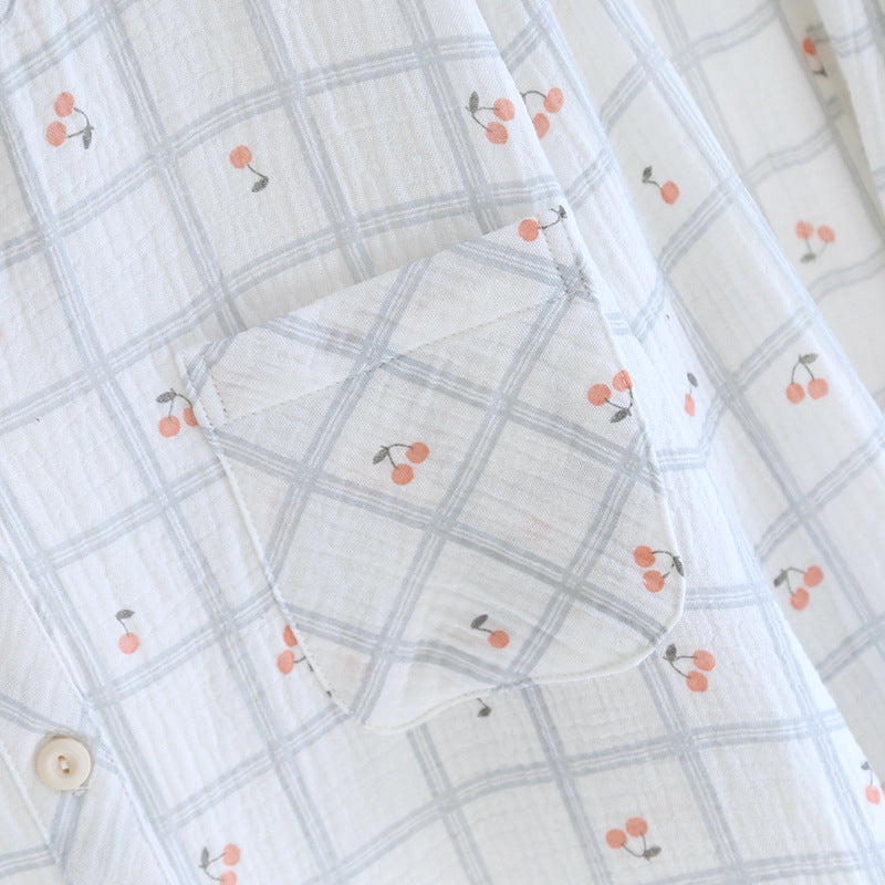 Cotton V-Neck Cherry AOP Plaid Co-ord Pyjama Set