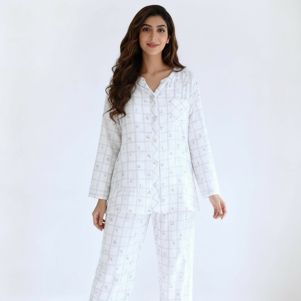 Cotton V-Neck Cherry AOP Plaid Co-ord Pyjama Set