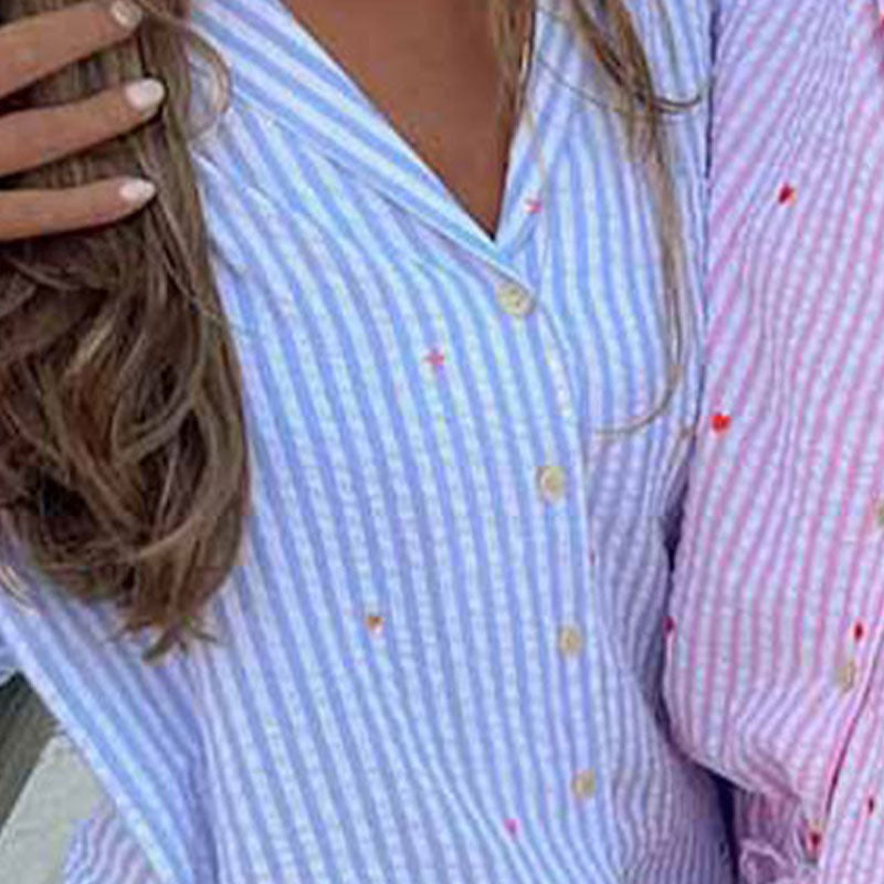 Blue Striped Star Embroidered Pajama Set