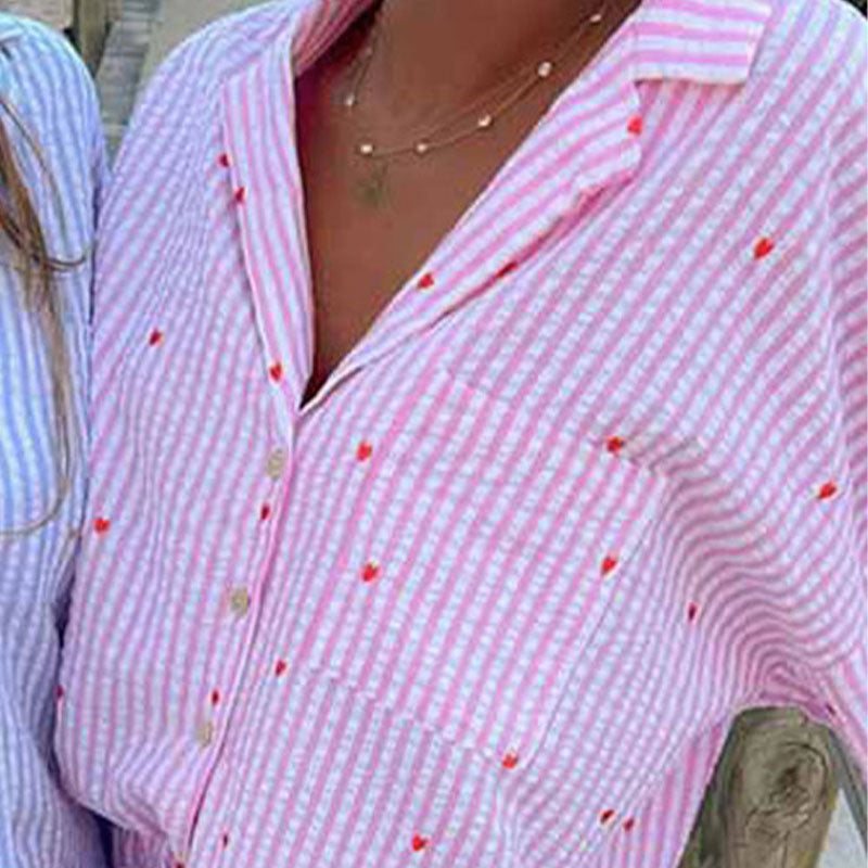 Pink Striped Heart Embroidered Pajama Set