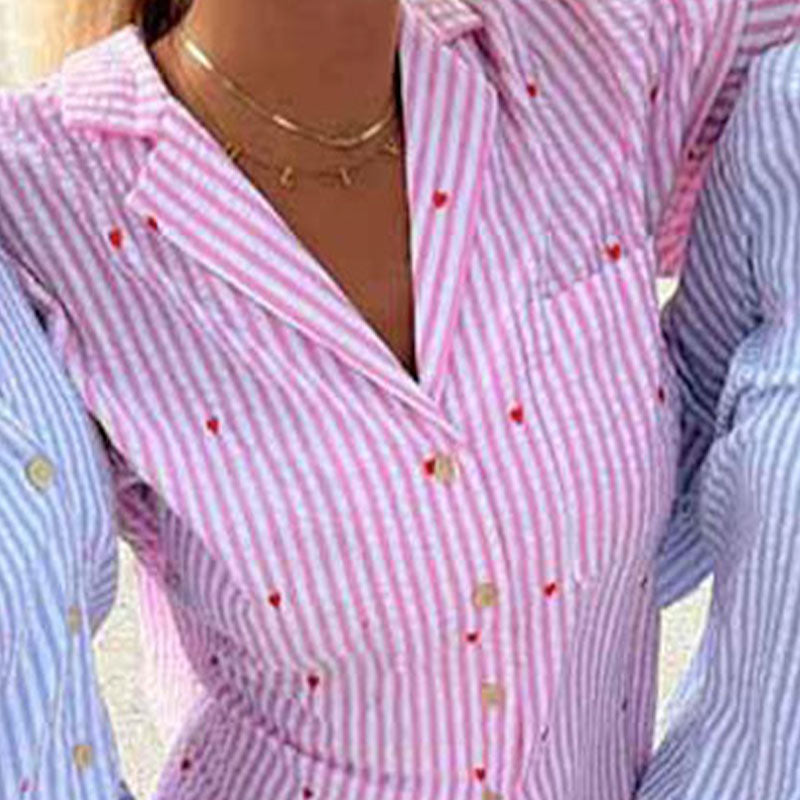 Pink Striped Heart Embroidered Pajama Set