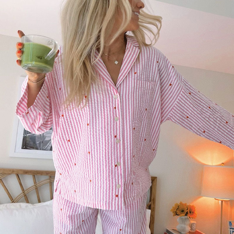 Pink Striped Heart Embroidered Pajama Set