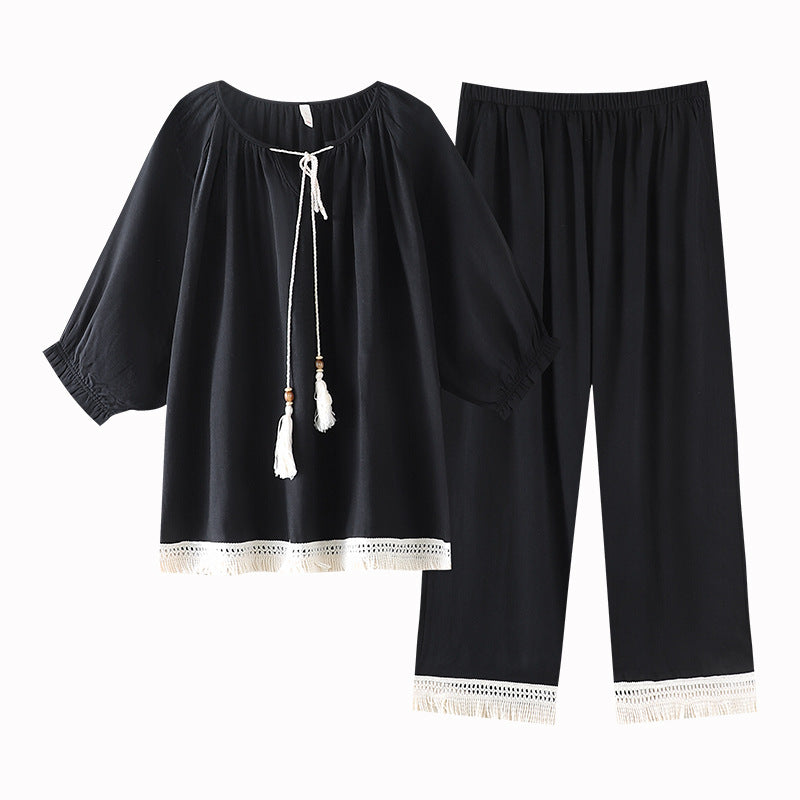 Cotton 3/4 Black Bohemian Lace-Trim Lounge Set