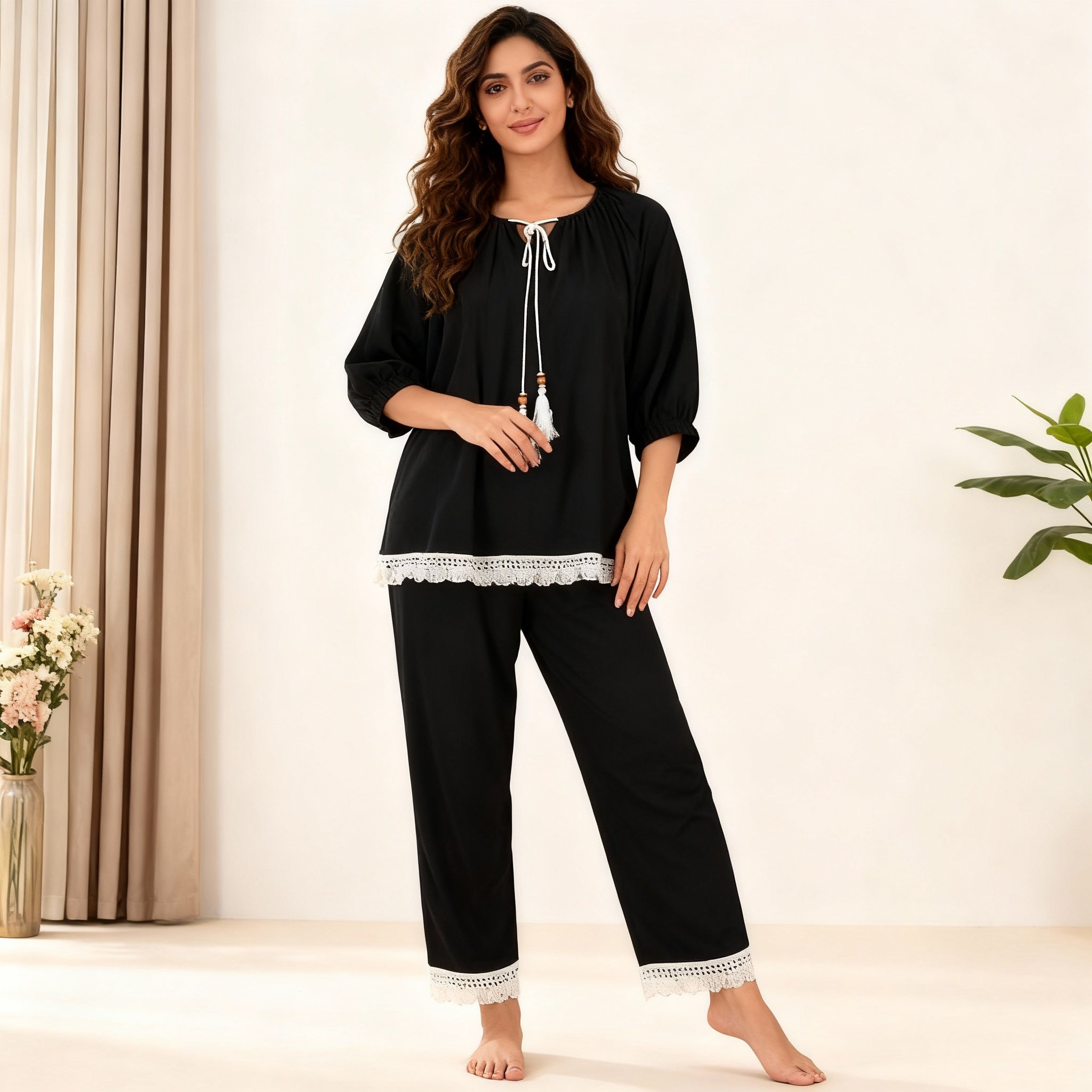 Cotton 3/4 Black Bohemian Lace-Trim Lounge Set