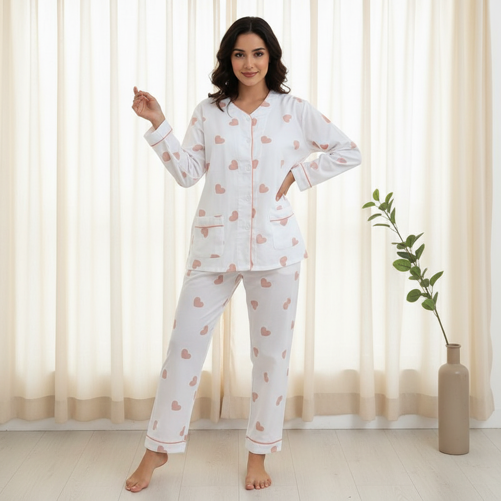 White Cotton Heart Print Pajama Set