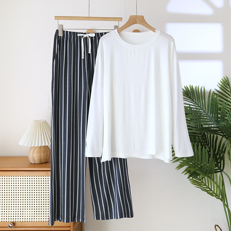 Striped Contrast Trousers with Large Solid White Tshirt Pajama Set - Gray