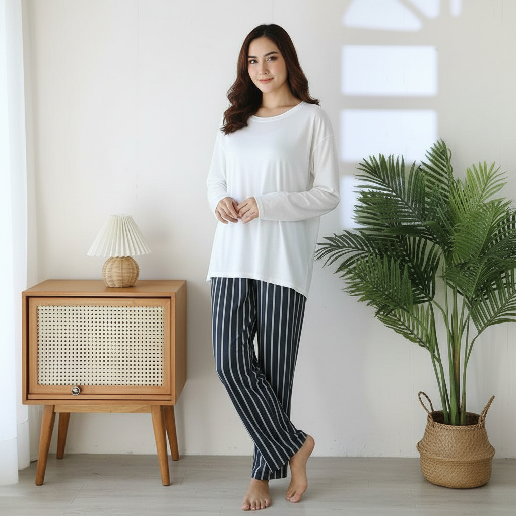 Striped Contrast Trousers with Large Solid White Tshirt Pajama Set - Gray