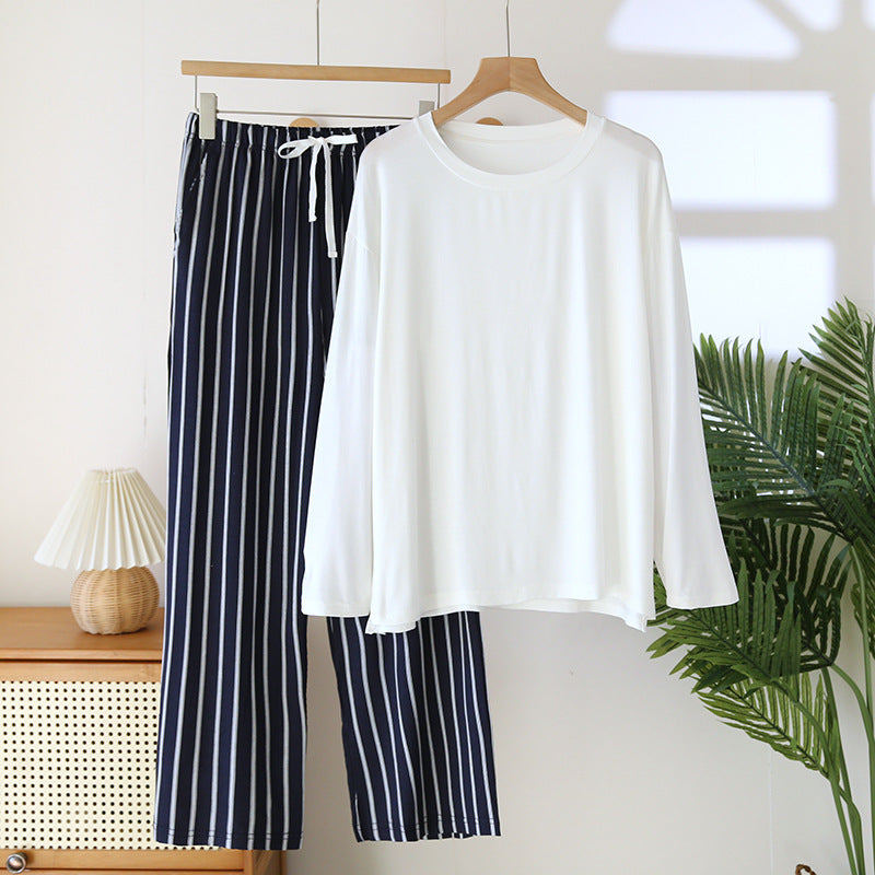 Striped Contrast Trousers with Large Solid White Tshirt Pajama Set - Navy