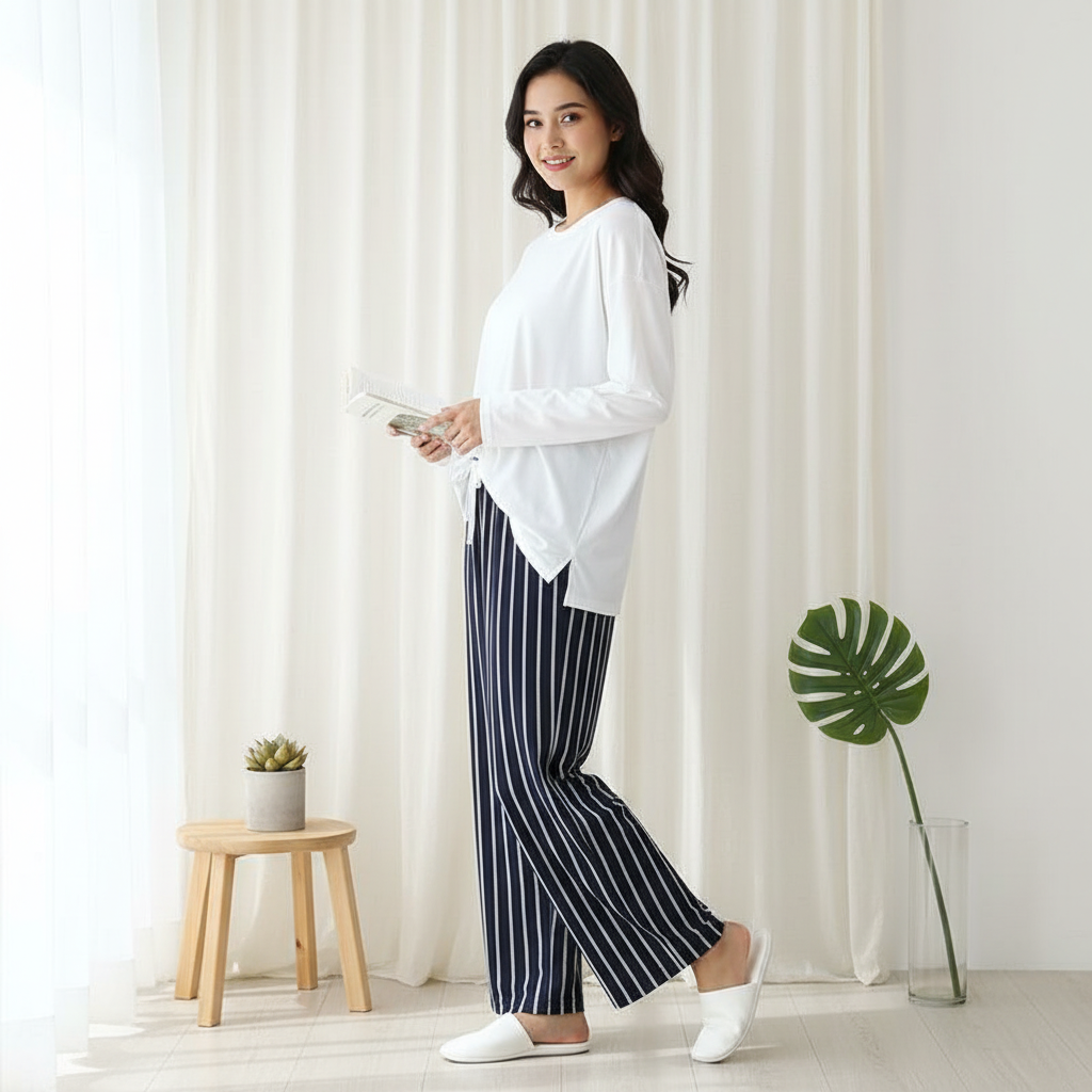 Striped Contrast Trousers with Large Solid White Tshirt Pajama Set - Navy