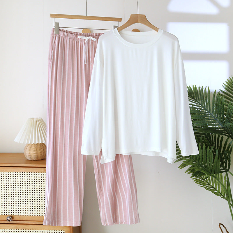 Striped Contrast Trousers with Large Solid White Tshirt Pajama Set - Pink
