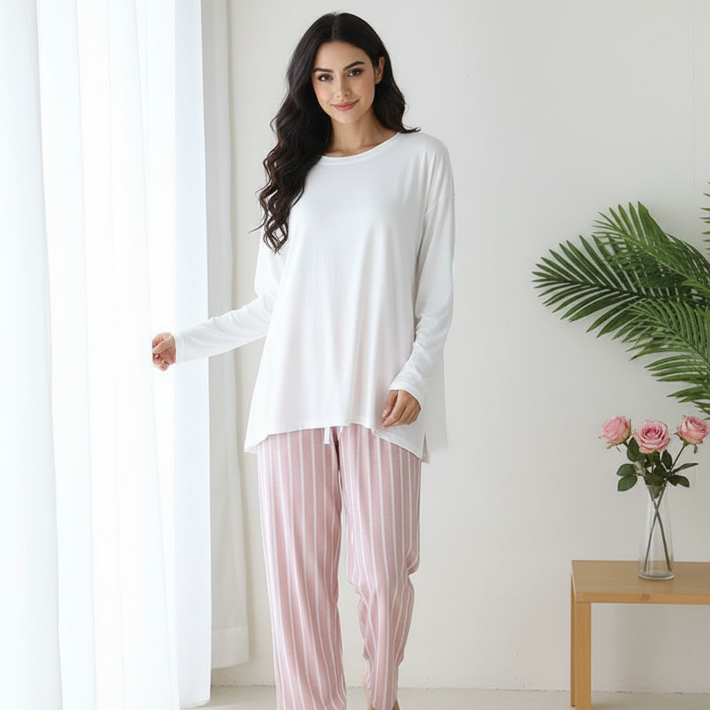 Striped Contrast Trousers with Large Solid White Tshirt Pajama Set - Pink