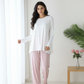 Striped Contrast Trousers with Large Solid White Tshirt Pajama Set - Pink