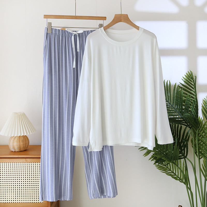 Striped Contrast Trousers with Large Solid White Tshirt Pajama Set