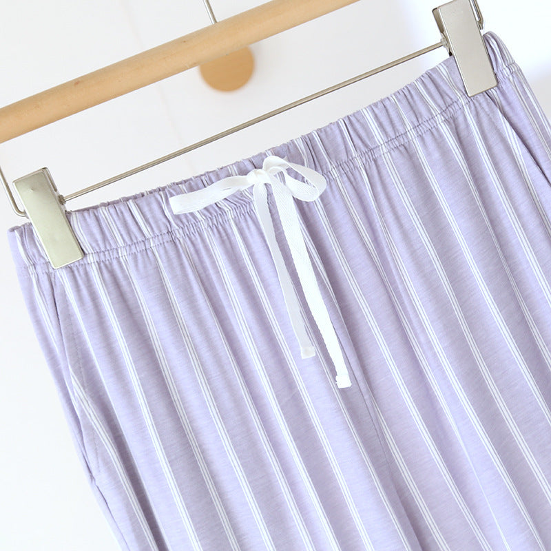 Striped Contrast Trousers with Large Solid White Tshirt Pajama Set