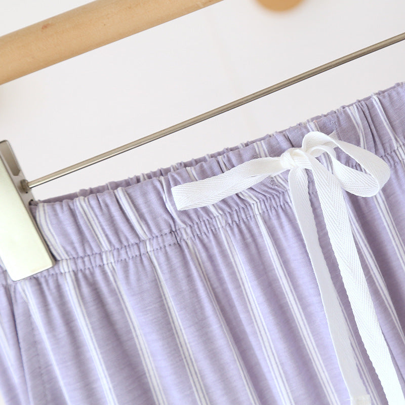 Striped Contrast Trousers with Large Solid White Tshirt Pajama Set