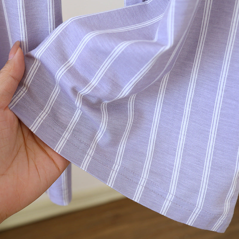 Striped Contrast Trousers with Large Solid White Tshirt Pajama Set