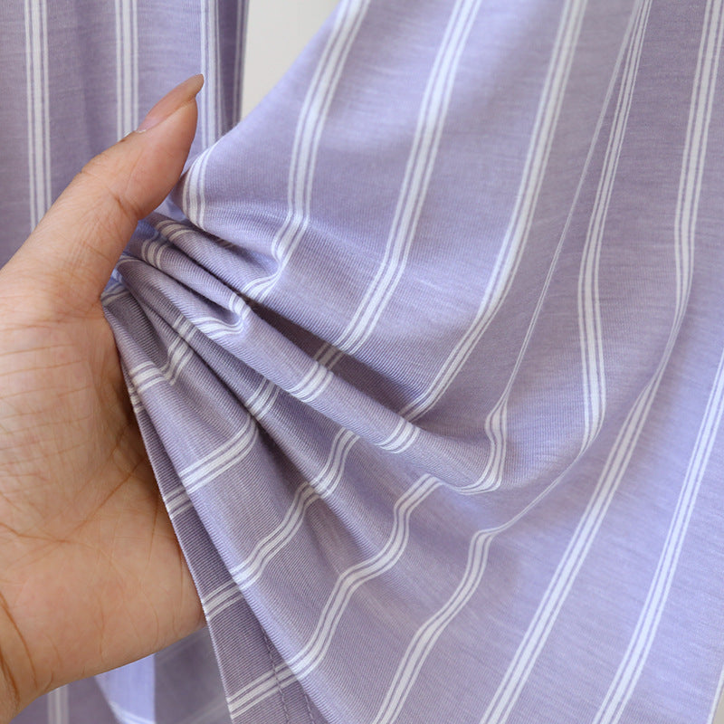 Striped Contrast Trousers with Large Solid White Tshirt Pajama Set