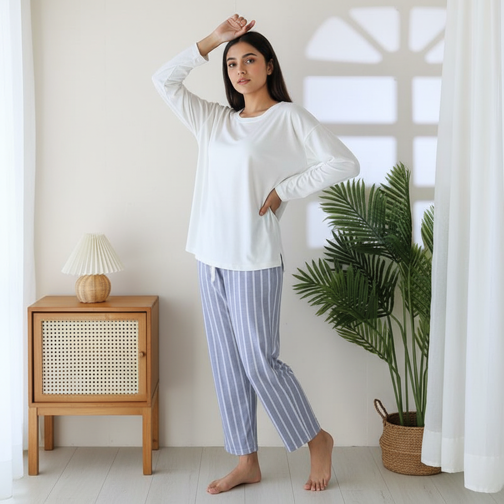 Striped Contrast Trousers with Large Solid White Tshirt Pajama Set