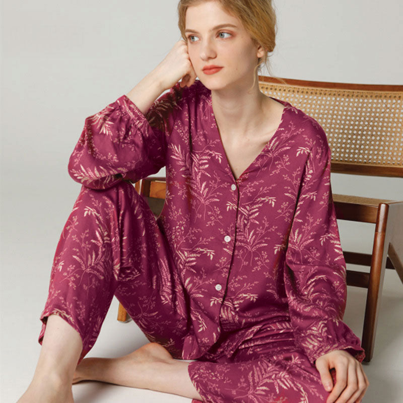 Festive Pink Leaf Print Pajama Set