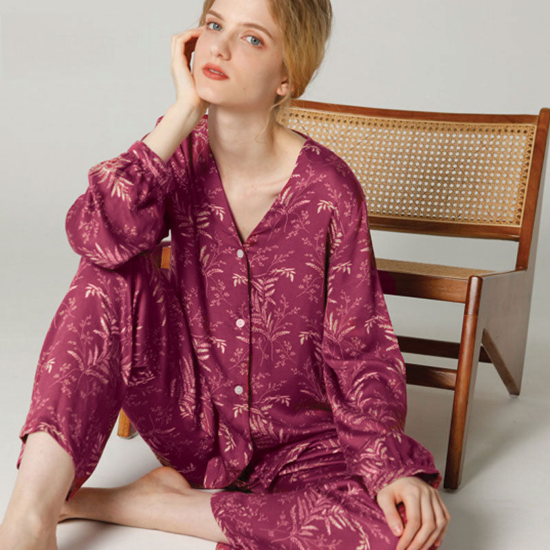 Festive Pink Leaf Print Pajama Set