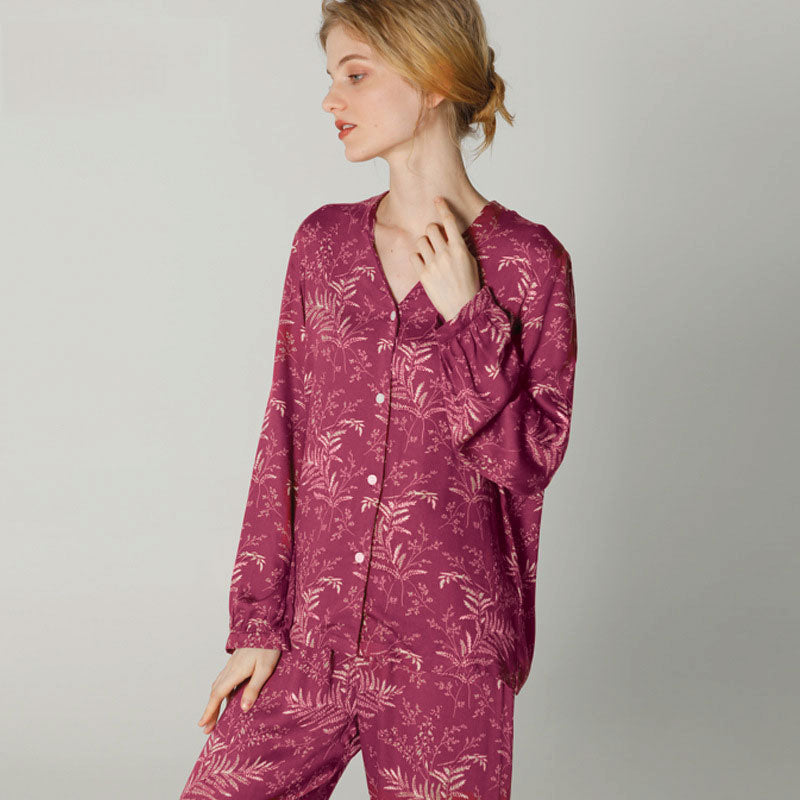Festive Pink Leaf Print Pajama Set