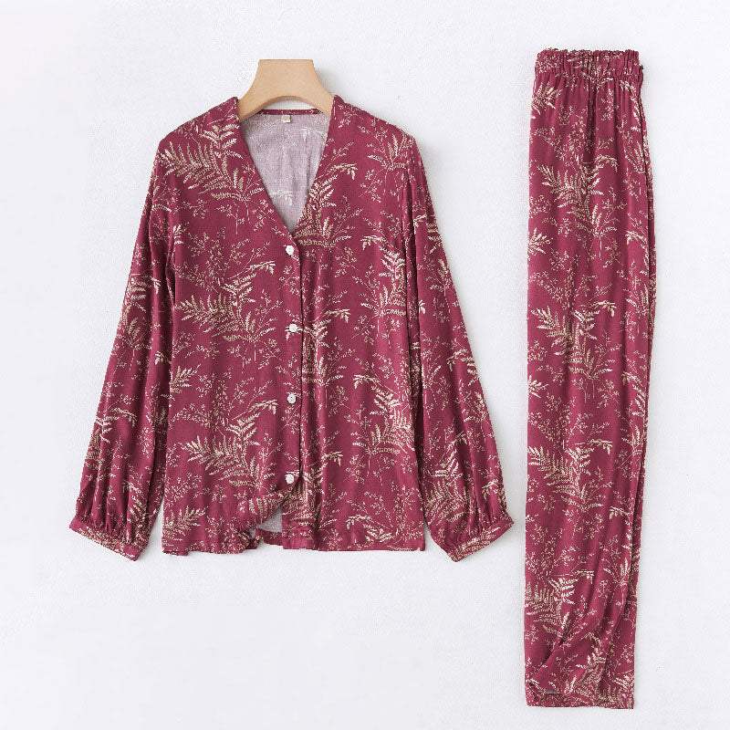 Festive Pink Leaf Print Pajama Set