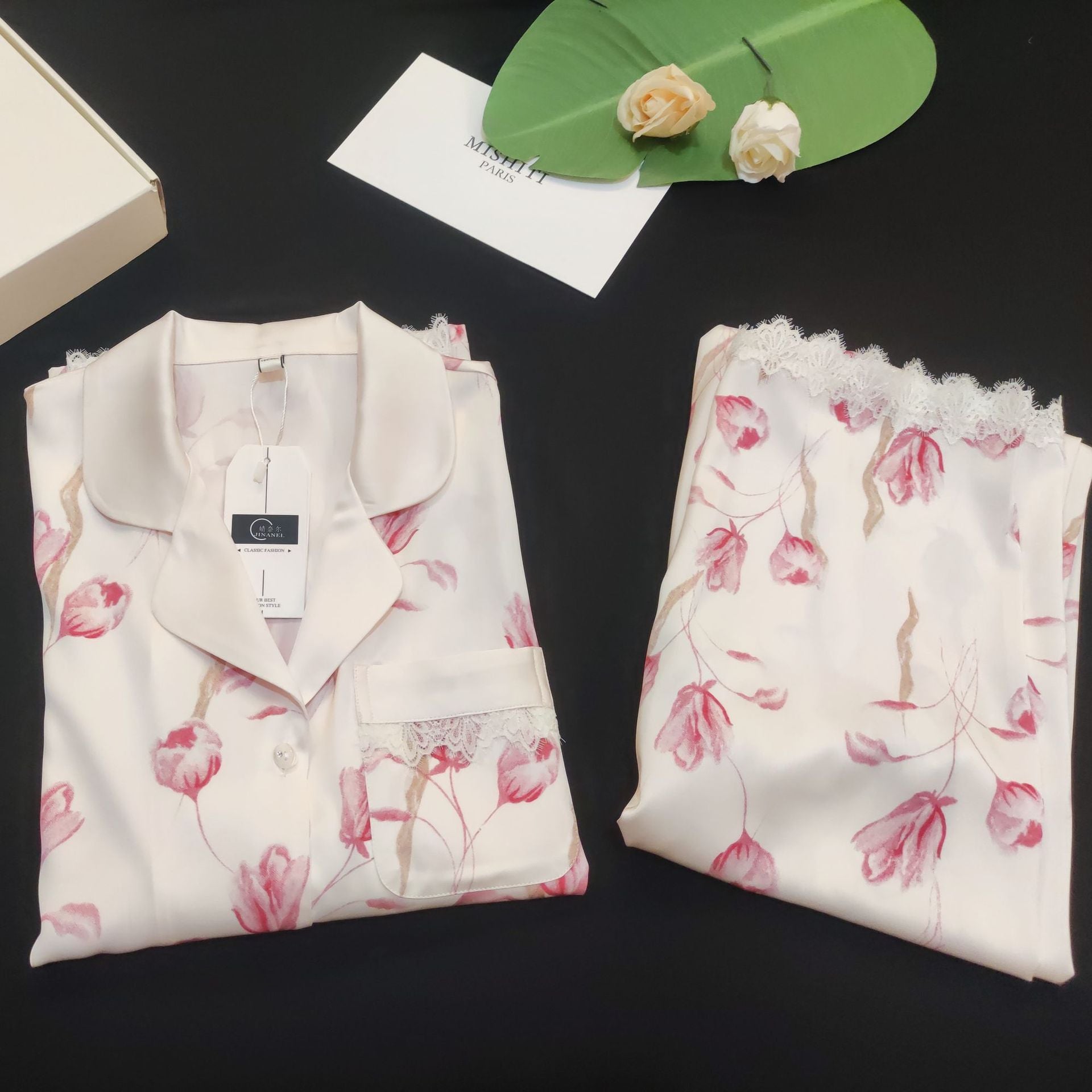 Lace Lined Rose Printed Silk Pajama Set