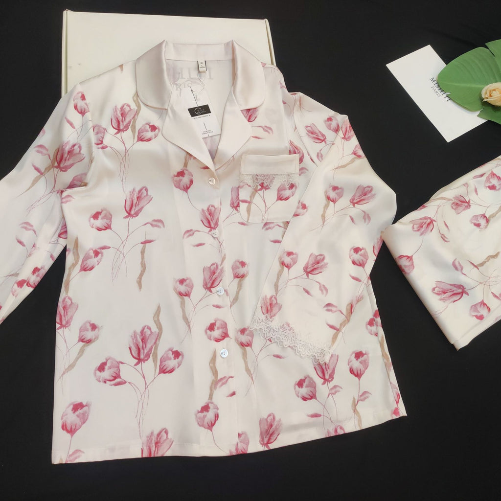Lace Lined Rose Printed Silk Pajama Set