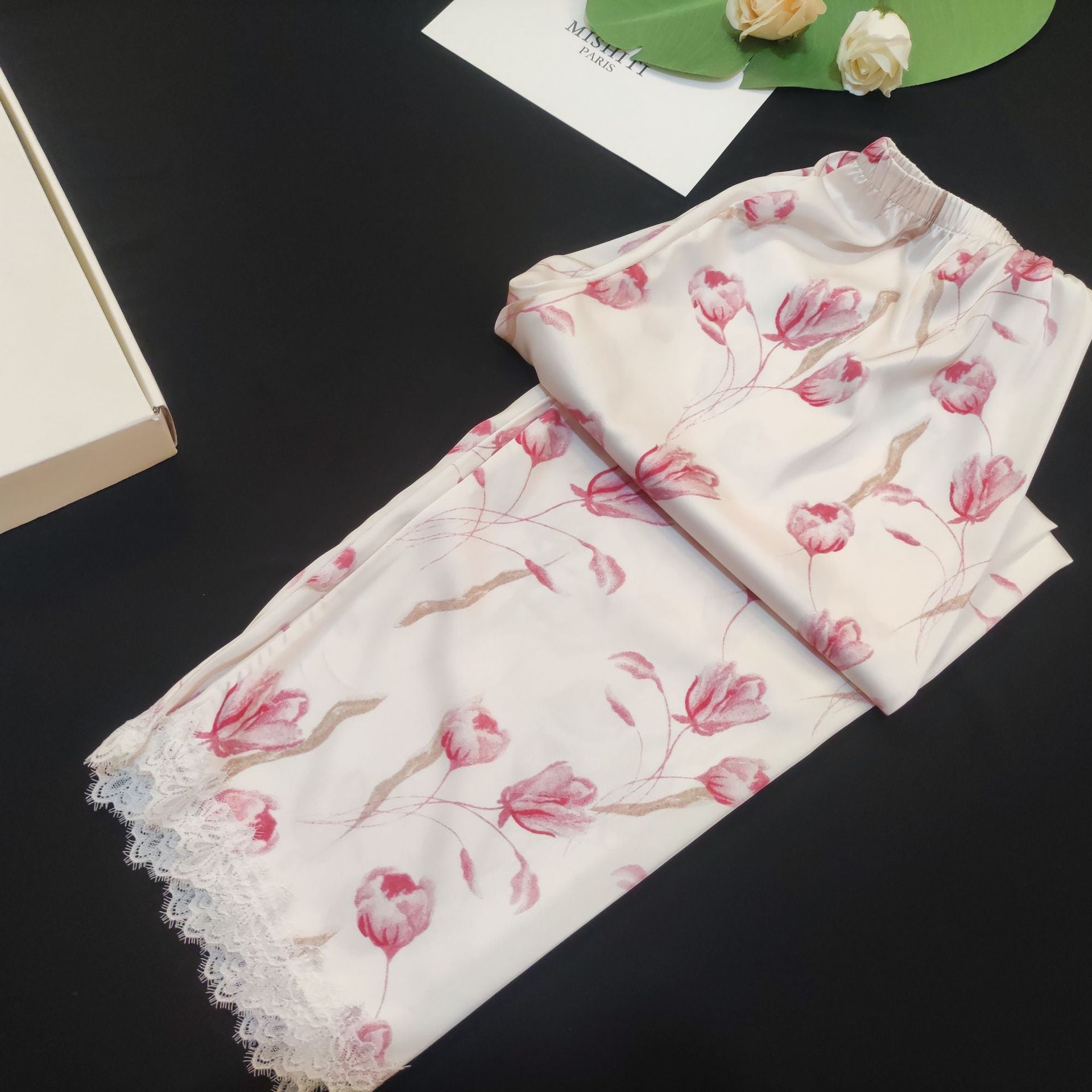 Lace Lined Rose Printed Silk Pajama Set