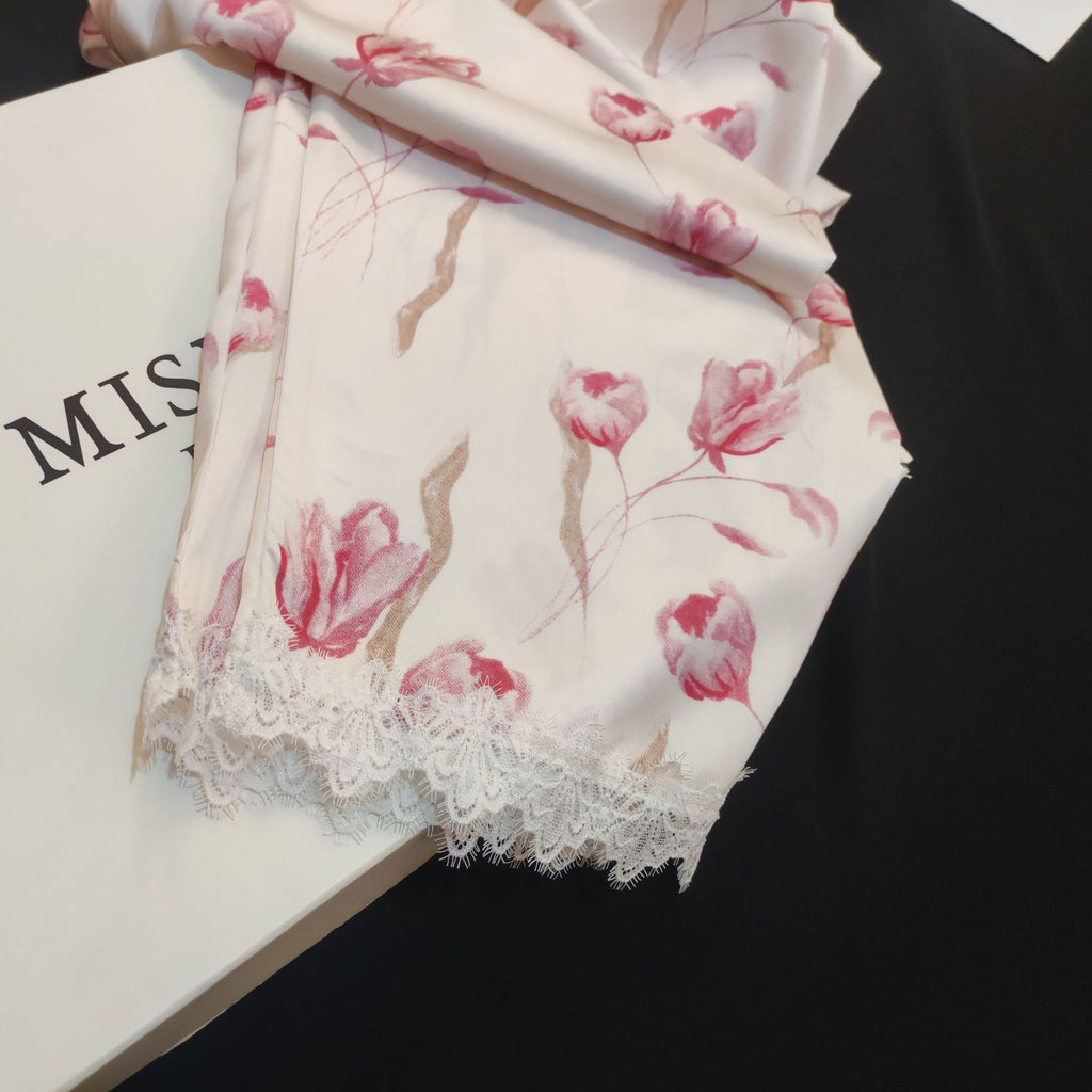 Lace Lined Rose Printed Silk Pajama Set