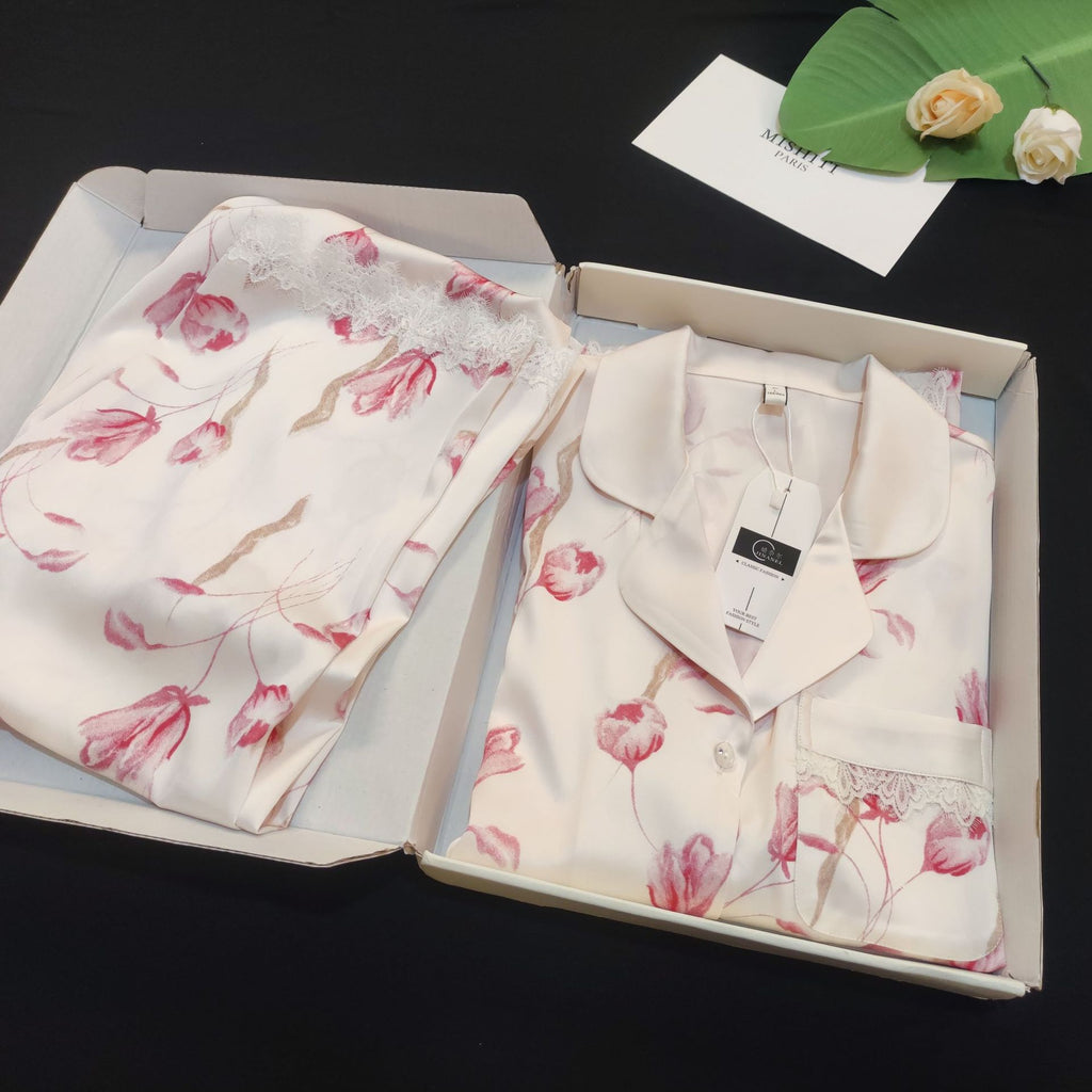 Lace Lined Rose Printed Silk Pajama Set