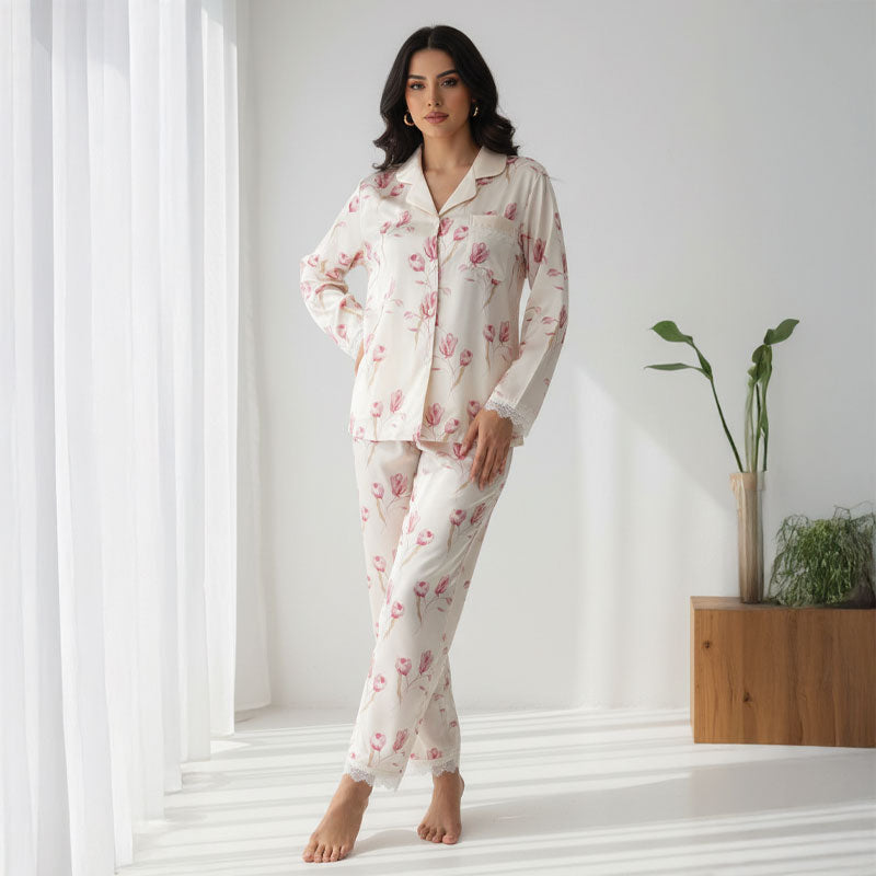 Lace Lined Rose Printed Silk Pajama Set
