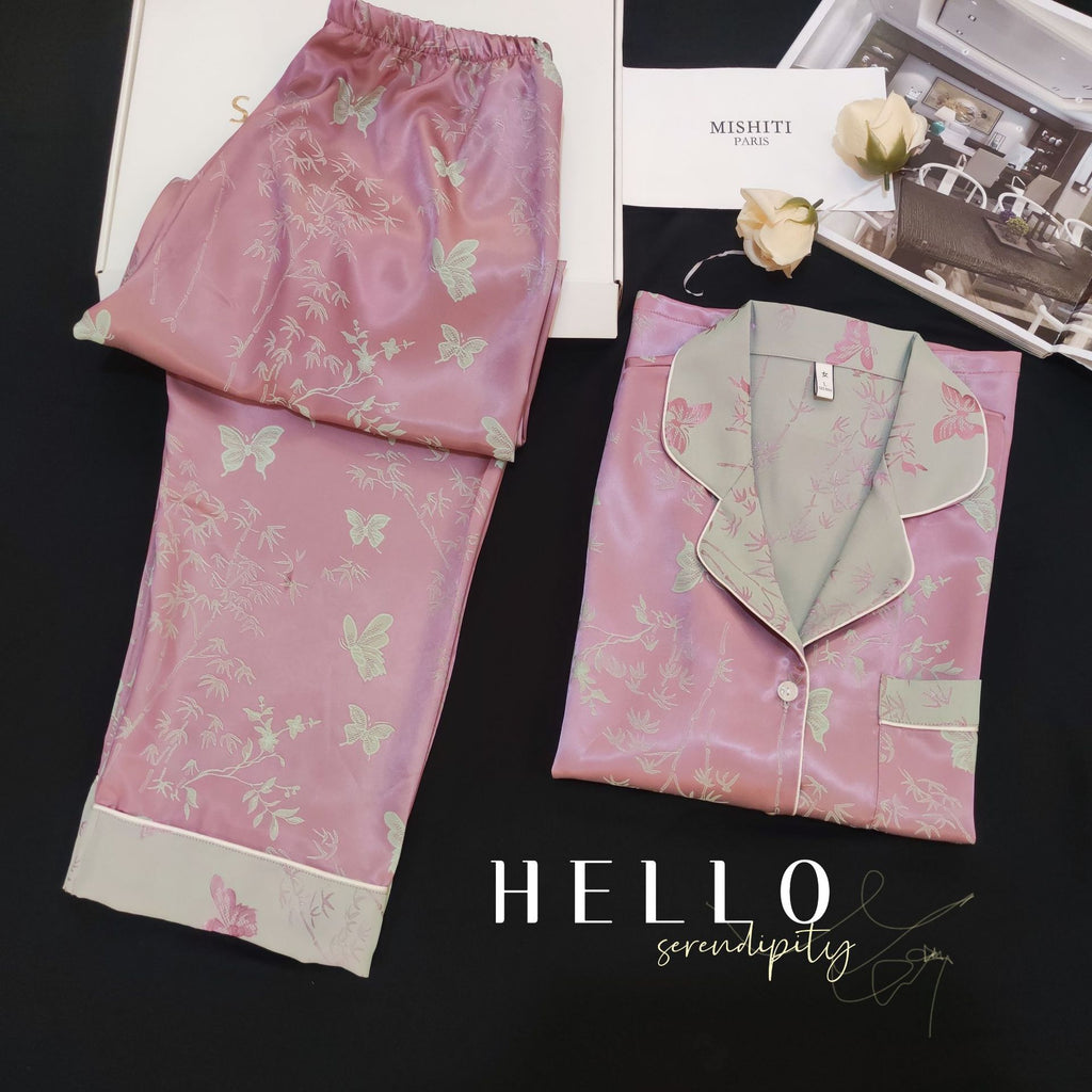Contrast Butterfly Floral Ice Silk Pink Pajama Set