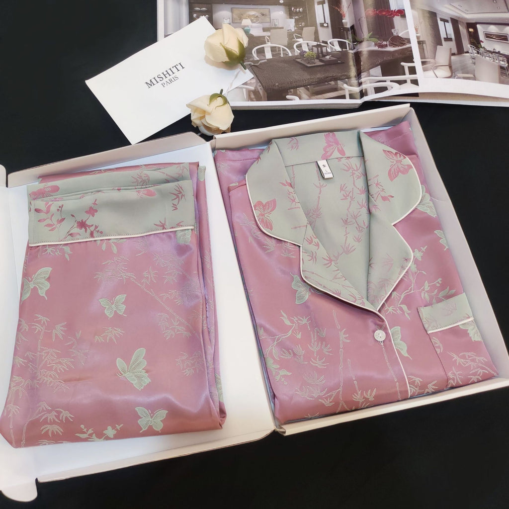 Contrast Butterfly Floral Ice Silk Pink Pajama Set