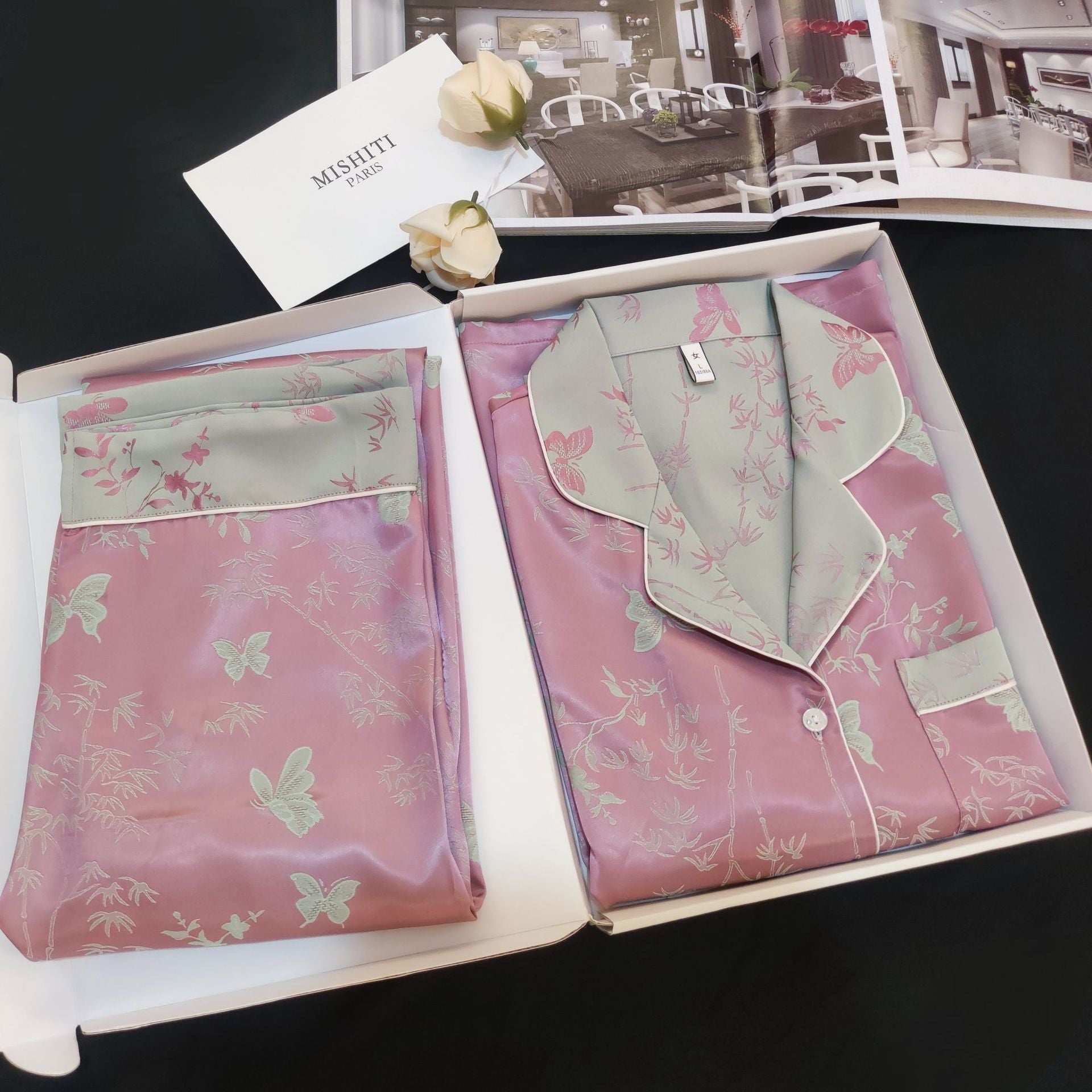 Contrast Butterfly Floral Ice Silk Pink Pajama Set