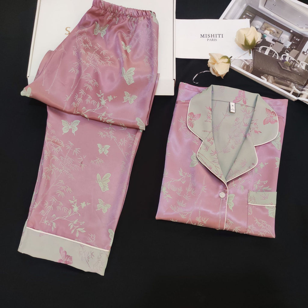 Contrast Butterfly Floral Ice Silk Pink Pajama Set