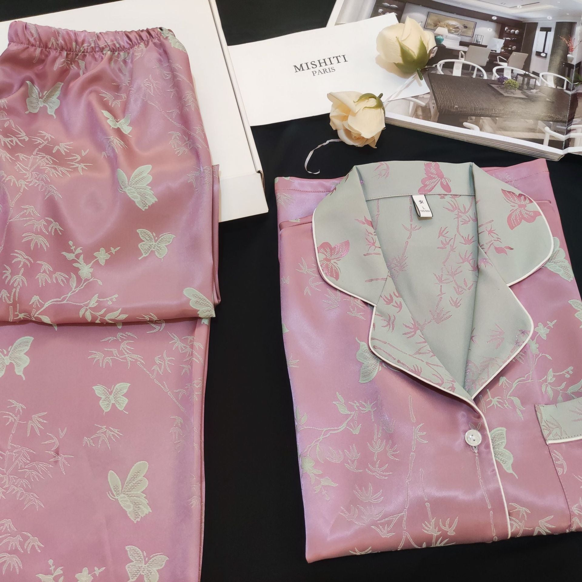 Contrast Butterfly Floral Ice Silk Pink Pajama Set