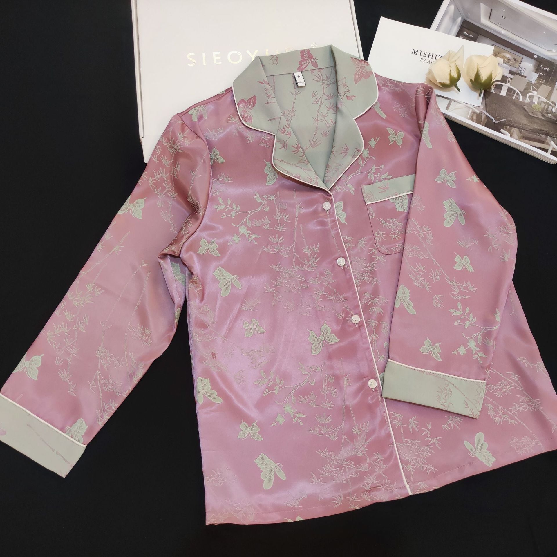 Contrast Butterfly Floral Ice Silk Pink Pajama Set