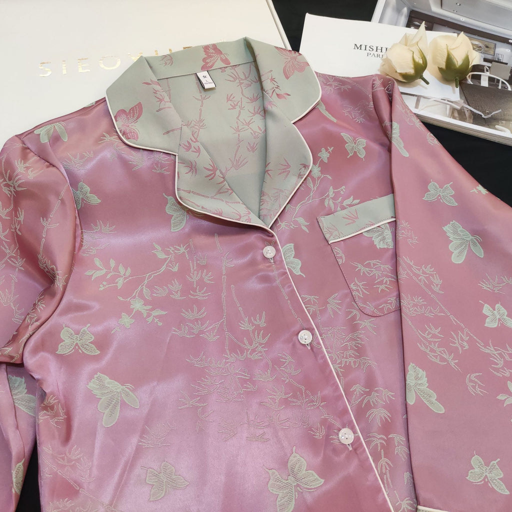Contrast Butterfly Floral Ice Silk Pink Pajama Set