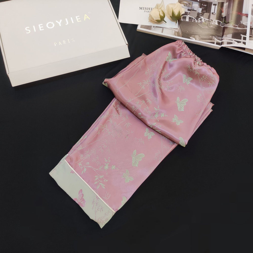 Contrast Butterfly Floral Ice Silk Pink Pajama Set