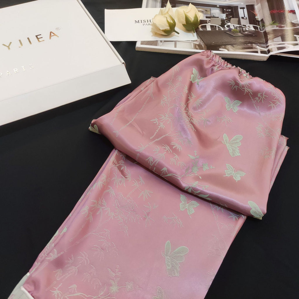 Contrast Butterfly Floral Ice Silk Pink Pajama Set