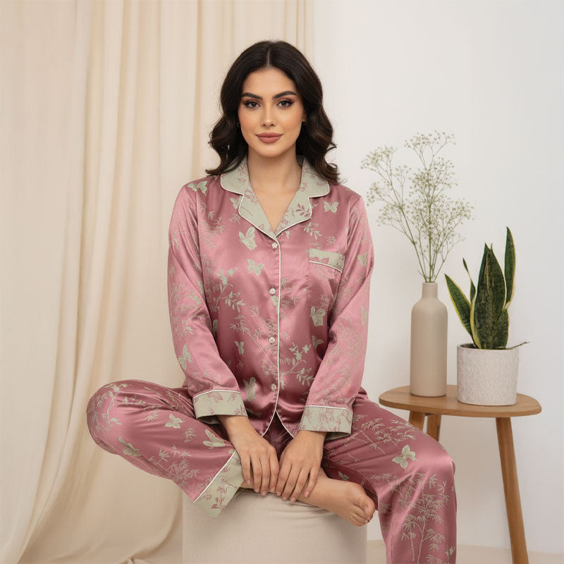 Contrast Butterfly Floral Ice Silk Pink Pajama Set