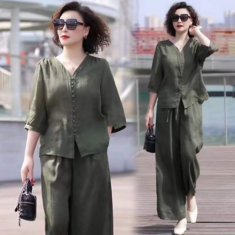 Casual 3/4 Sleeves Solid Slim Pajama Set - Olive Green