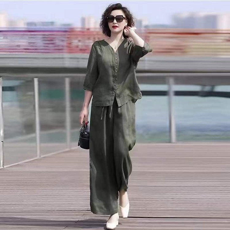 Casual 3/4 Sleeves Solid Slim Pajama Set - Olive Green